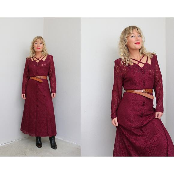 1980's Vintage Witchy Wine and Lace Dress ~ Women's MD LG ~ Stevie Nicks Vibes - Picture 1 of 10